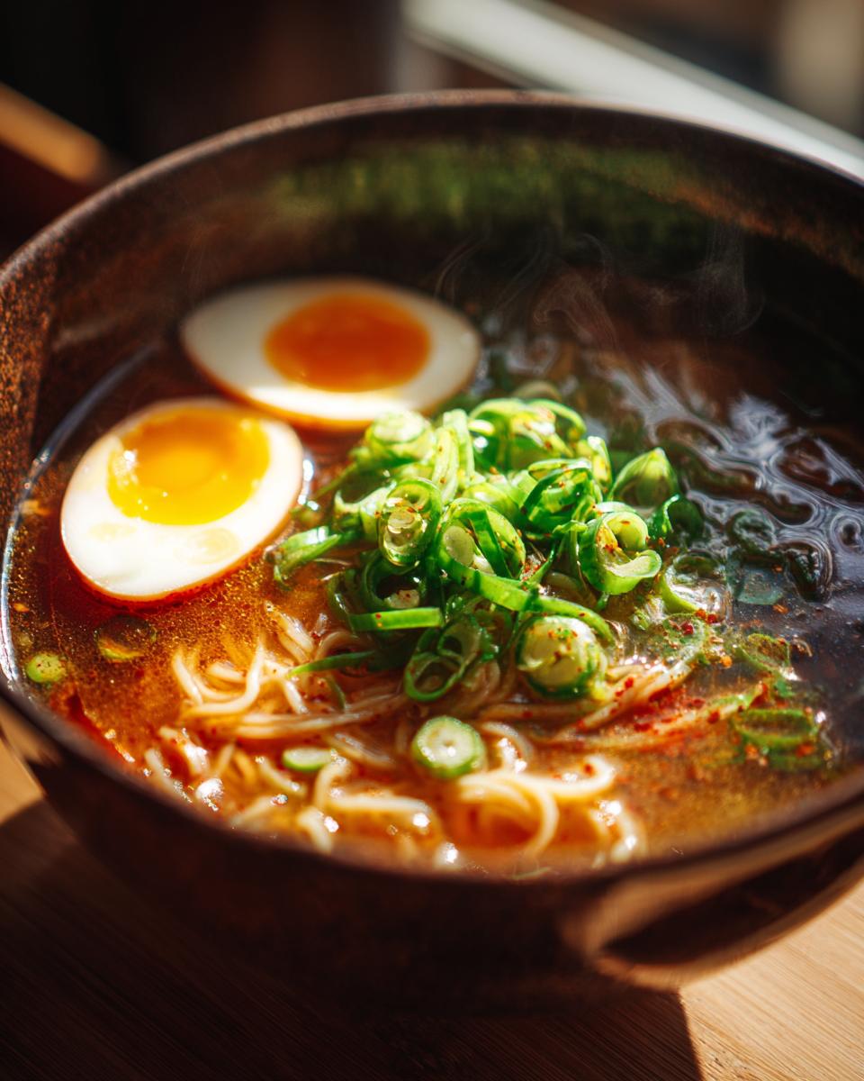 Close-up of a bowl of Spicy Ramen Noodle Soup with egg and green onions.