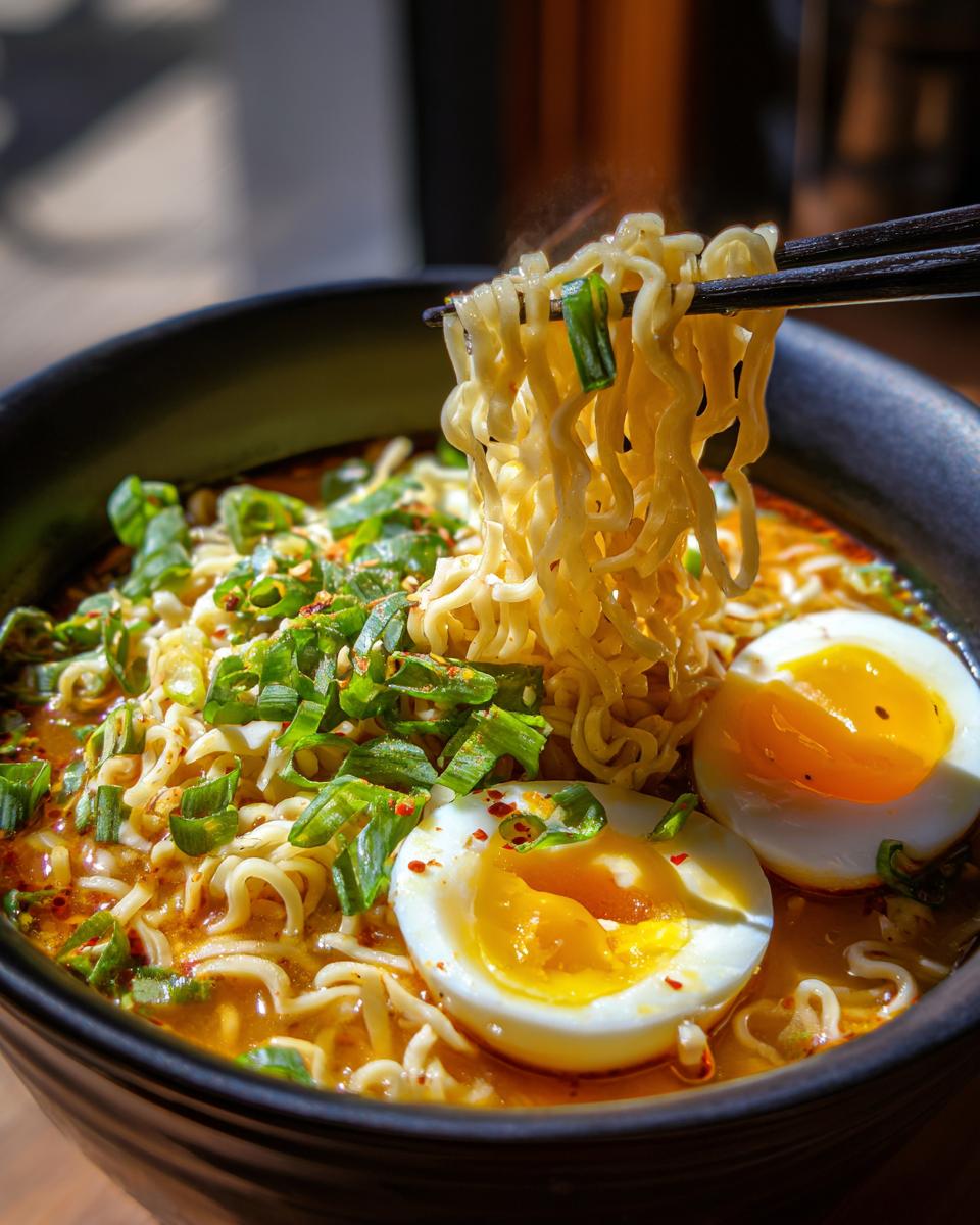 Close-up of a bowl of Spicy Ramen Noodle Soup with noodles, egg, and green onions.
