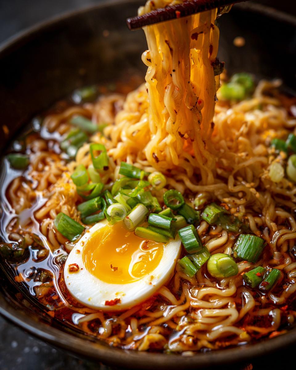 Close-up of a bowl of Spicy Ramen Noodle Soup with egg and green onions.