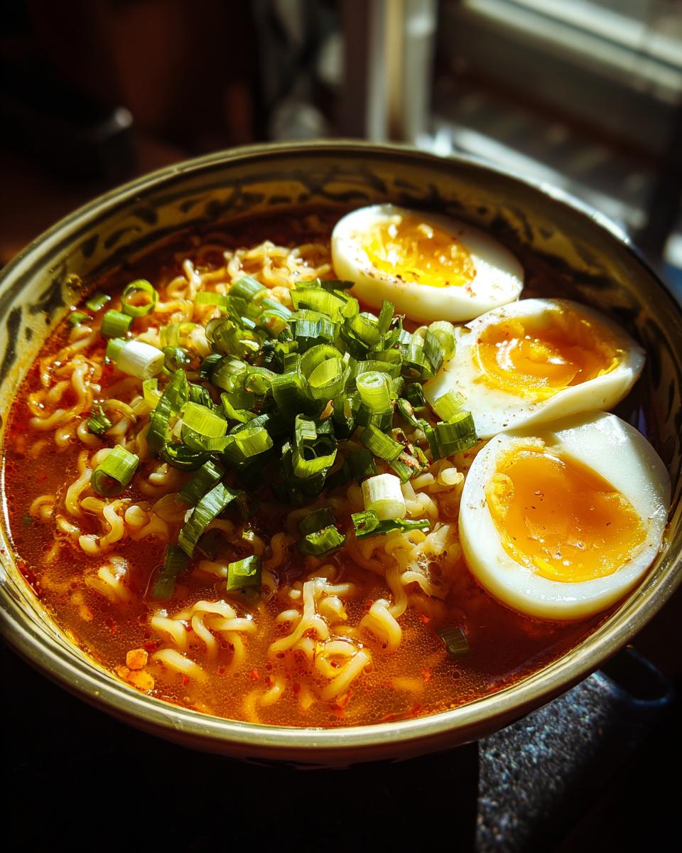 Close-up of a bowl of spicy ramen noodle soup with a soft-boiled egg and fresh scallions.