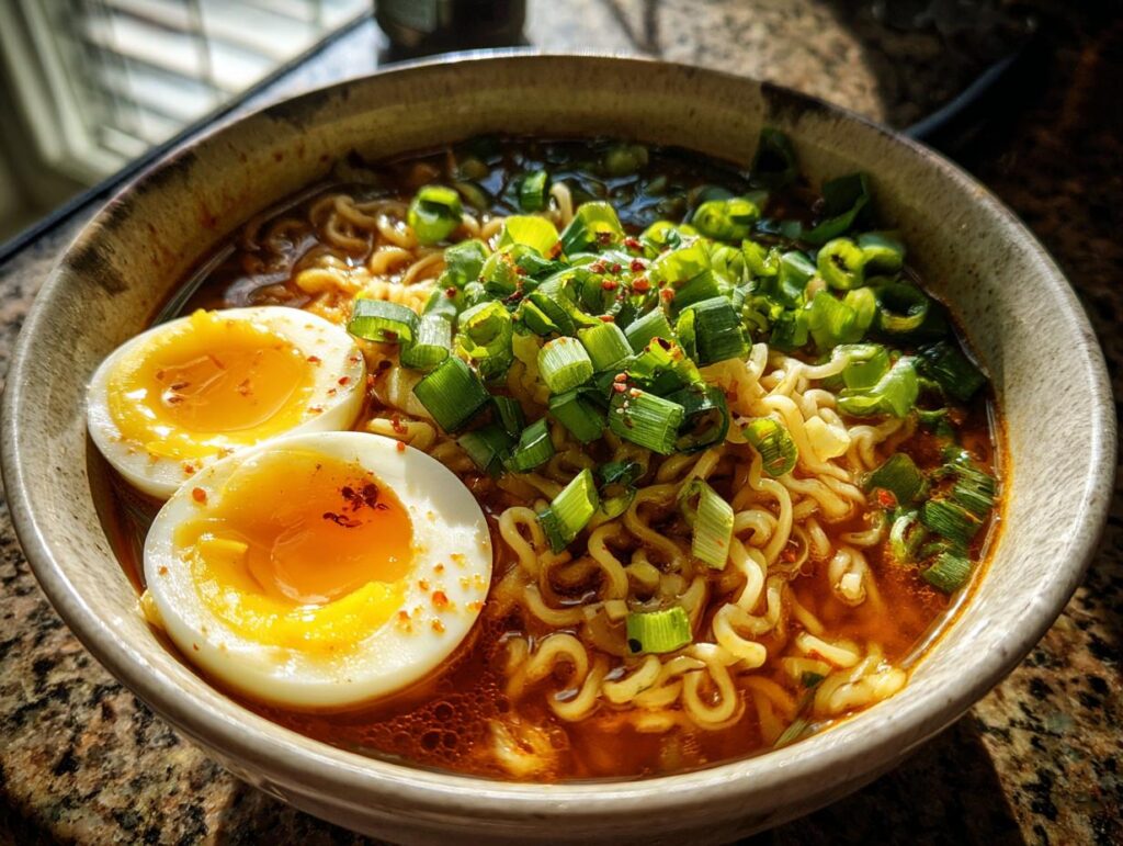 Close-up of a bowl of Spicy Ramen Noodle Soup with egg and green onions, ready to eat.