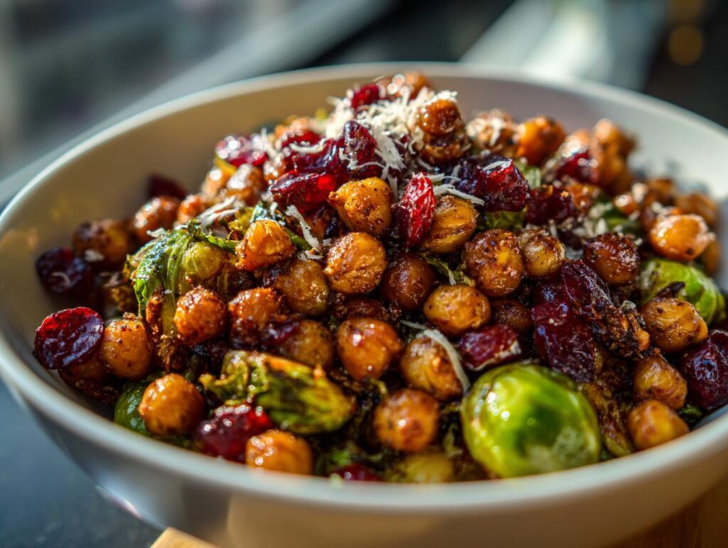 Close-up of Spicy Roasted Chickpeas Brussels Sprout Salad with cranberries and Parmesan cheese.