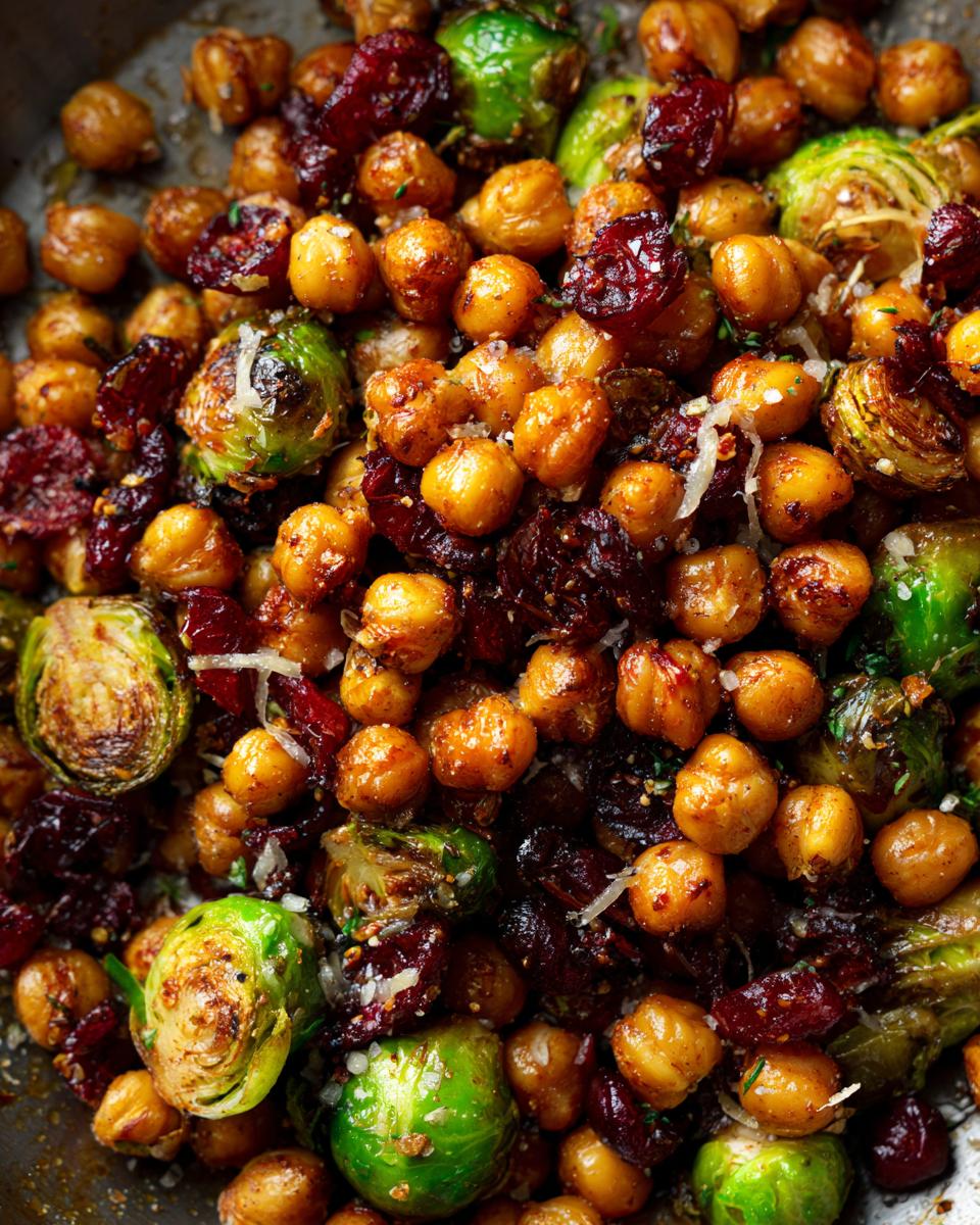 Close-up of Spicy Roasted Chickpeas Brussels Sprout Salad with cranberries and Parmesan.