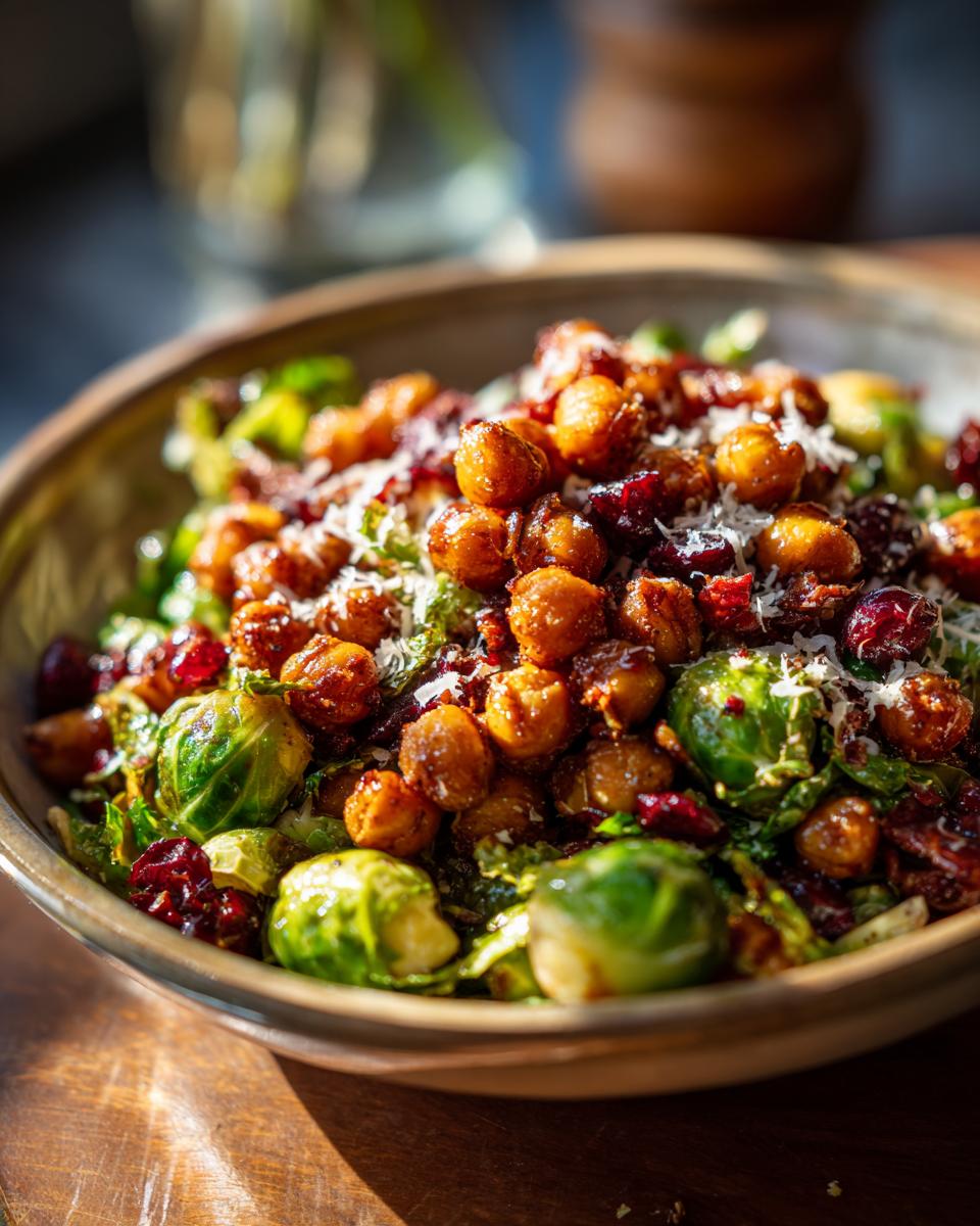 Close-up of a bowl of Spicy Roasted Chickpeas Brussels Sprout Salad with cranberries and Parmesan.