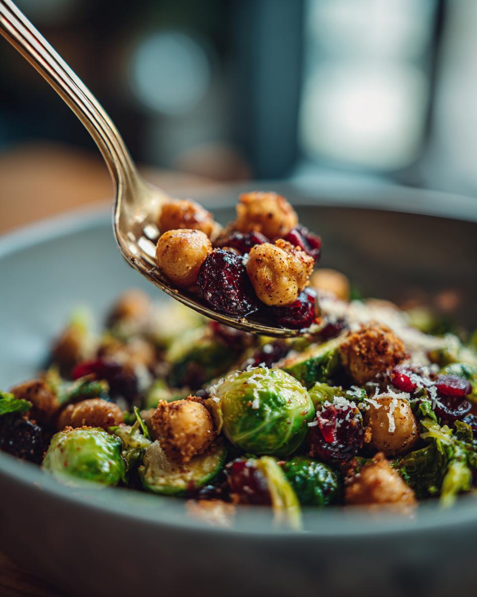 Close-up of a Spicy Roasted Chickpeas Brussels Sprout Salad with cranberries and parmesan.