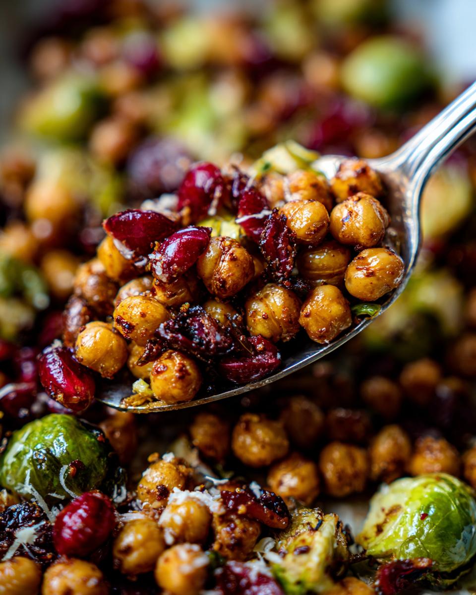 Close-up of Spicy Roasted Chickpeas Brussels Sprout Salad with cranberries and parmesan on a spoon.