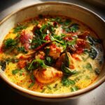A bowl of delicious Spicy Thai Chicken Soup, garnished with fresh herbs and chili.