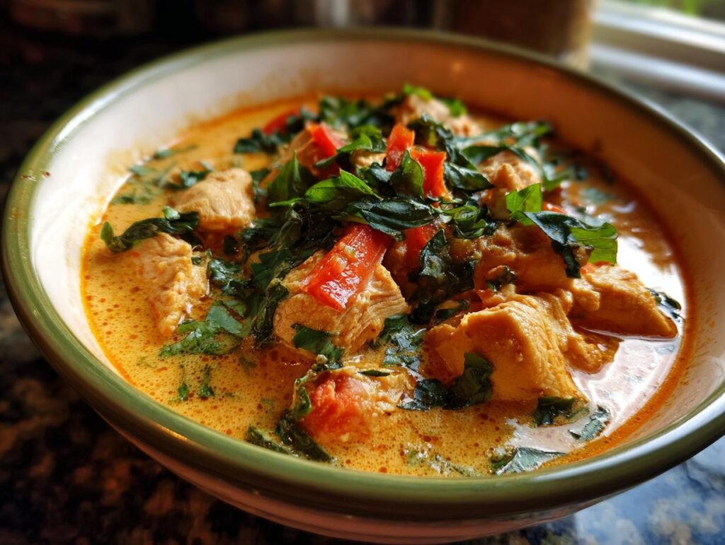 Close-up of a bowl of Spicy Thai Chicken Soup, with chicken, vegetables, and herbs.