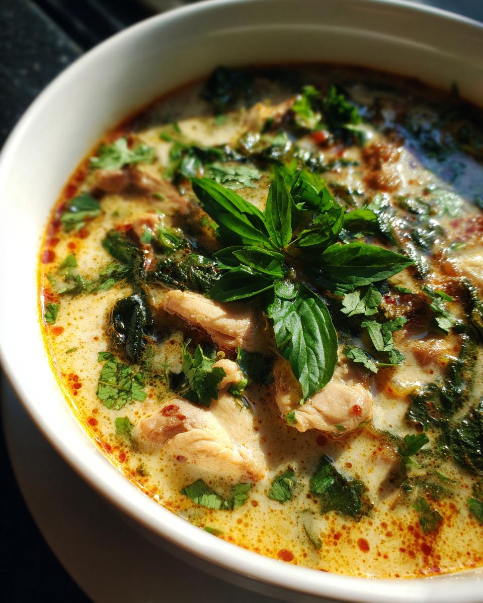 Close-up of a bowl of Spicy Thai Chicken Soup garnished with fresh herbs.
