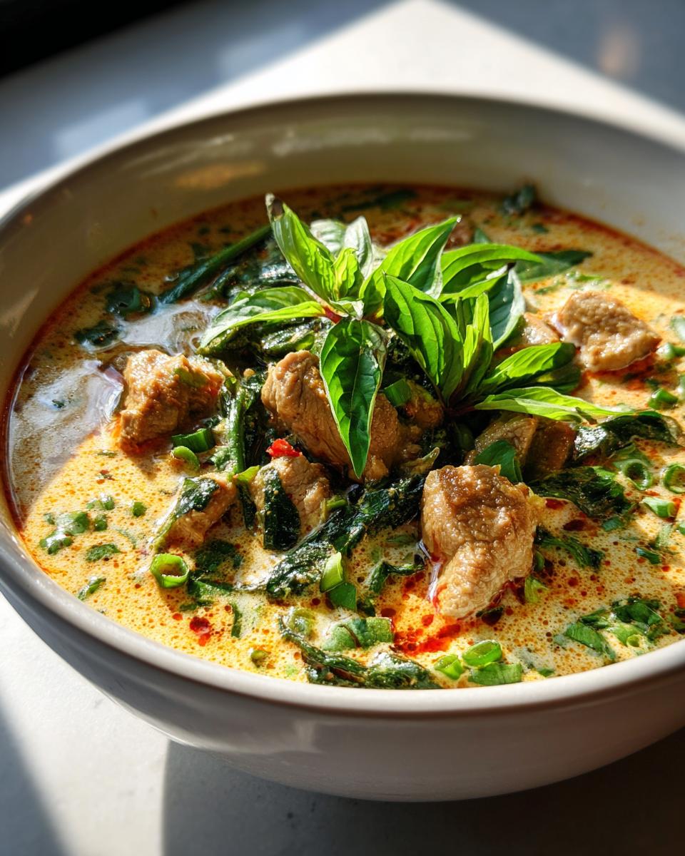 Close-up of a bowl of Spicy Thai Chicken Soup with chicken, vegetables, and basil.
