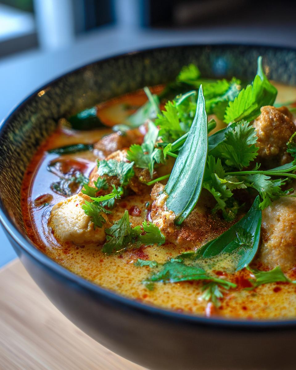 Close-up of a bowl of Spicy Thai Chicken Soup with chicken, herbs, and broth.