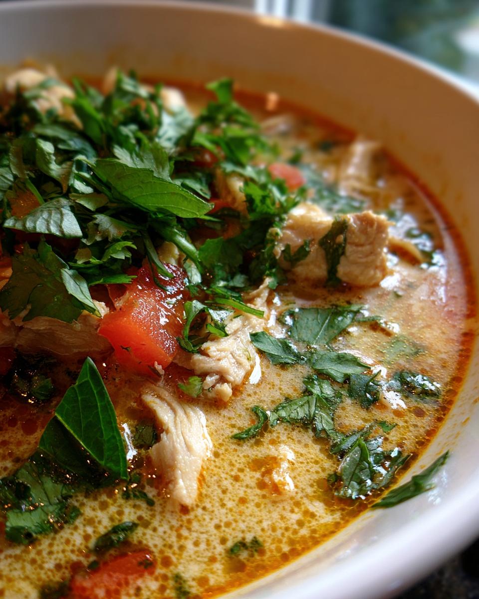 Close-up of a bowl of Spicy Thai Chicken Soup with chicken, tomatoes, and fresh herbs.