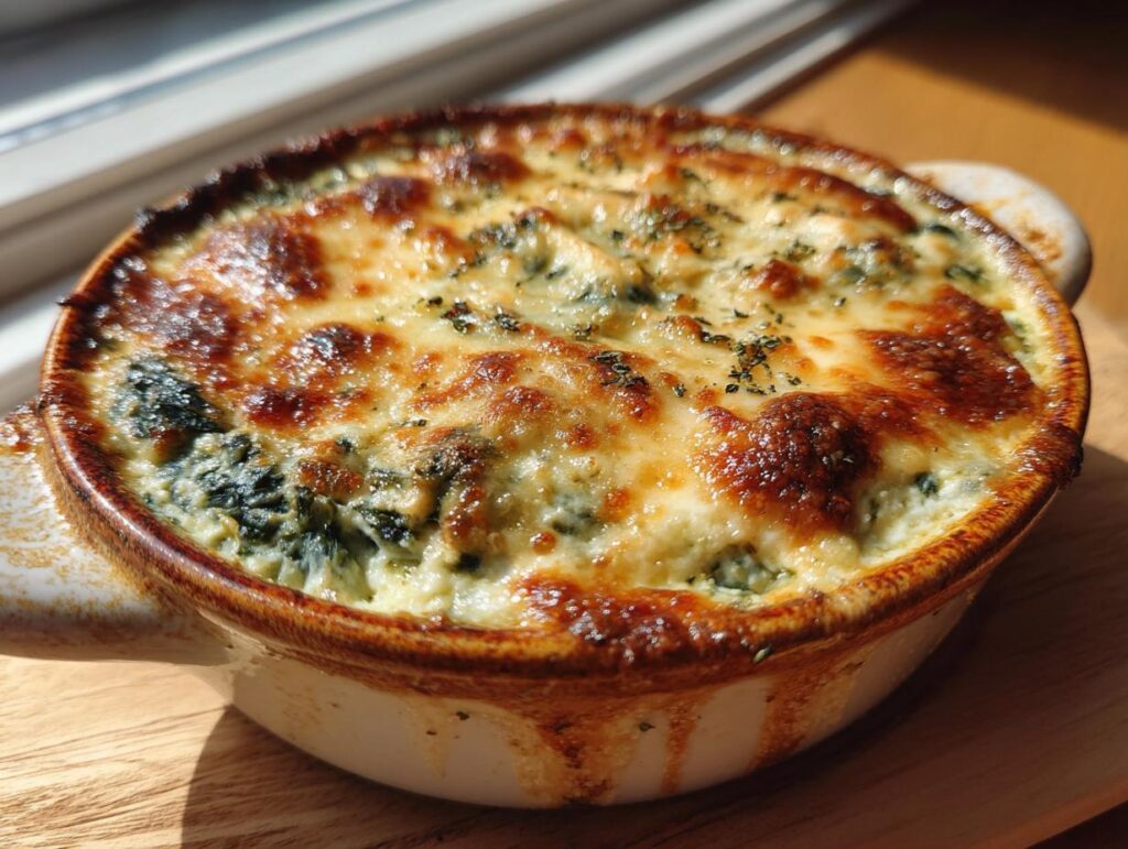 Close-up of a bubbling Spinach & Artichoke Dip in a baking dish, with golden-brown melted cheese.
