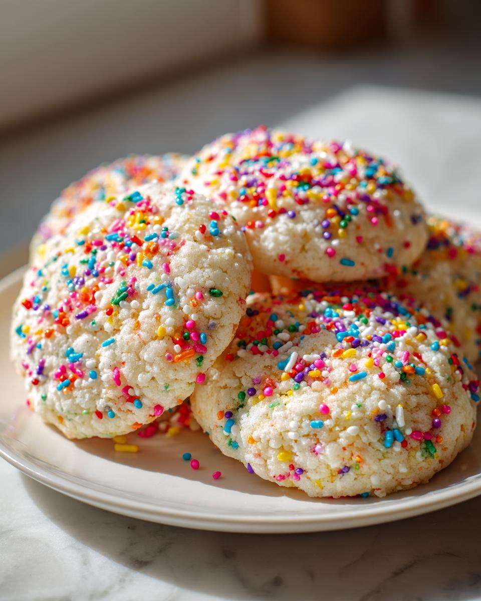 A close-up of a stack of soft, round Sprinkle Sugar Cookies covered in colorful jimmies and nonpareils.