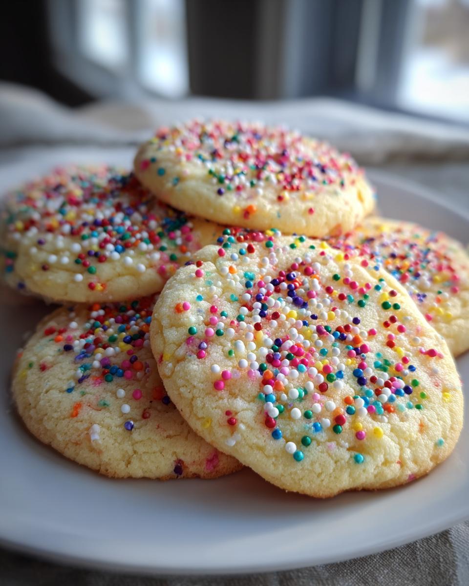 A pile of delicious Sprinkle Sugar Cookies, generously coated in colorful rainbow sprinkles.