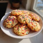 A plate piled high with delicious Sprinkle Sugar Cookies, bursting with colorful sprinkles.