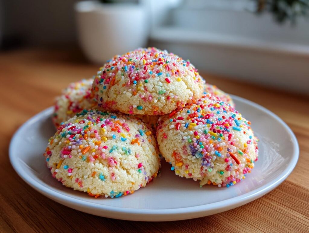 A stack of colorful Sprinkle Sugar Cookies on a white plate, ready to be enjoyed.
