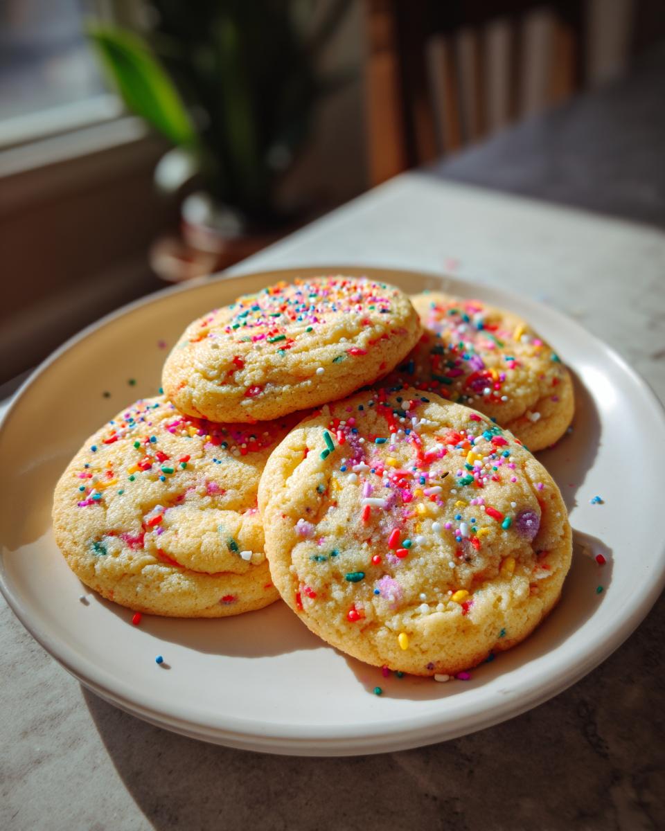 A plate of four freshly baked Sprinkle Sugar Cookies, generously covered in colorful sprinkles.