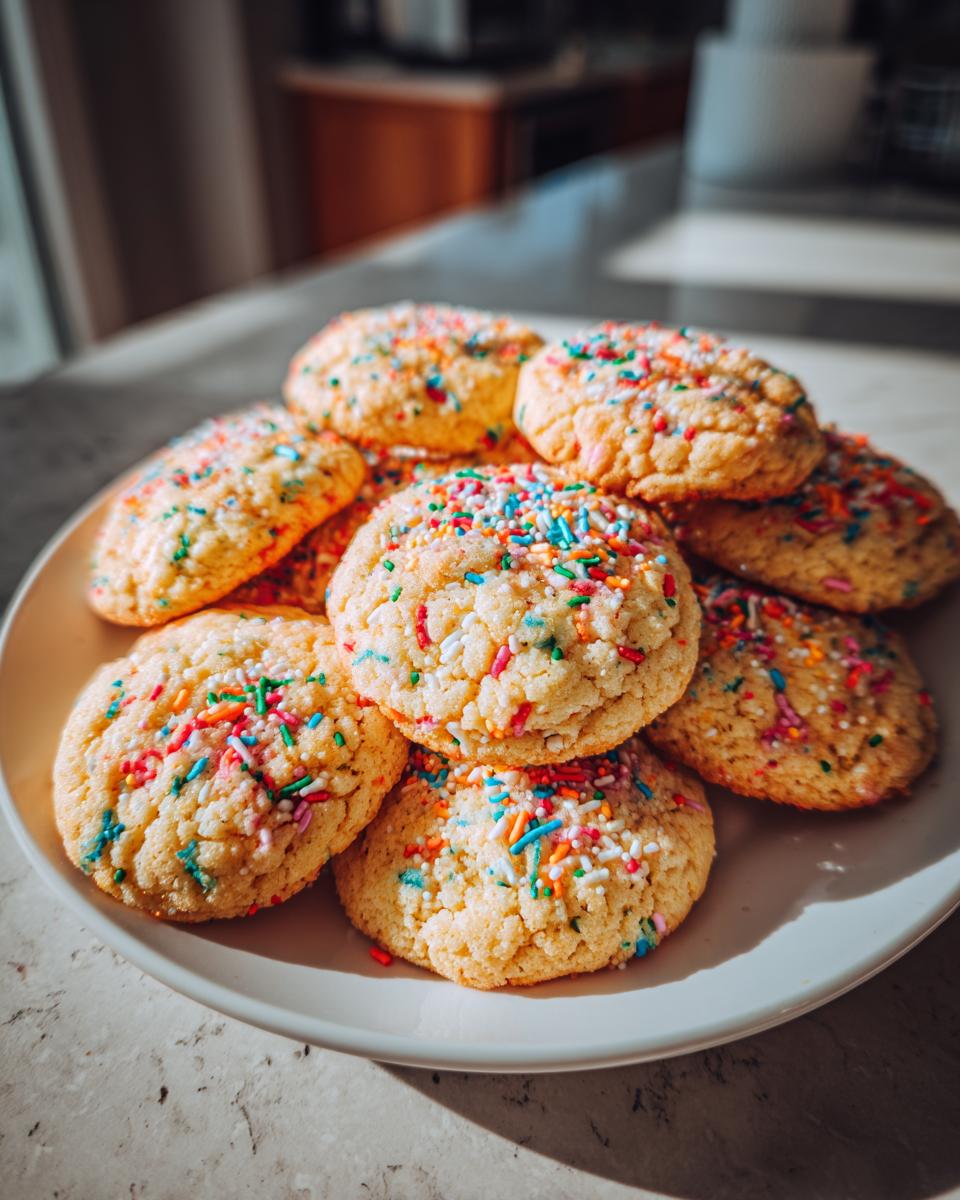 A pile of freshly baked Sprinkle Sugar Cookies, generously topped with colorful sprinkles, ready to be enjoyed.