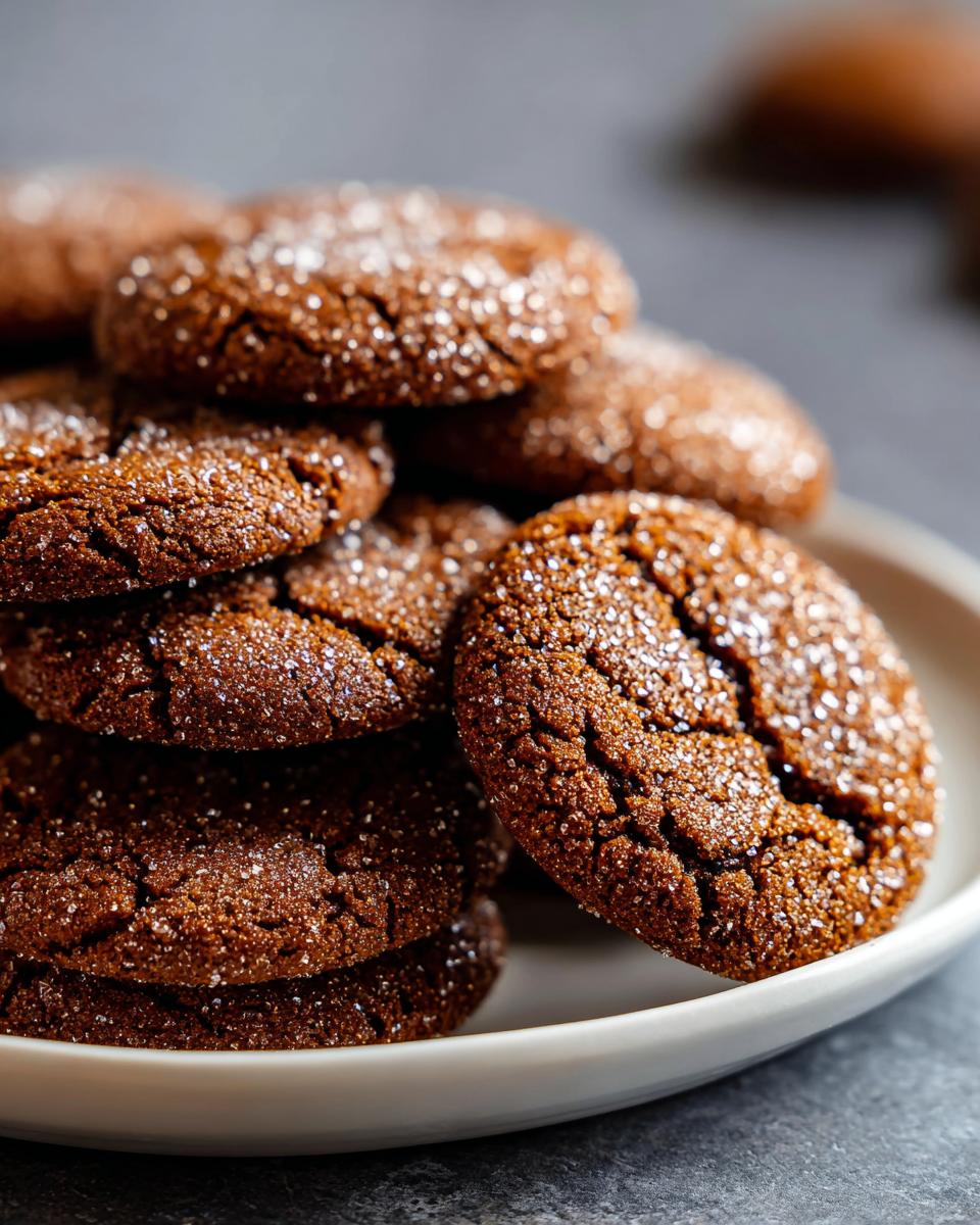 A close-up stack of Starbucks Copycat Ginger Molasses Cookies, glistening with sugar crystals.