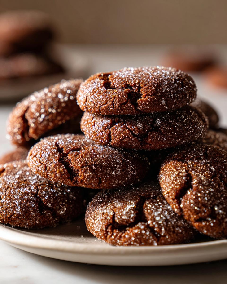 A close-up stack of Starbucks Copycat Ginger Molasses Cookies, generously coated in sparkling sugar.