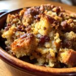 Close-up of homemade stuffing with sausage and apples in a brown ceramic dish.