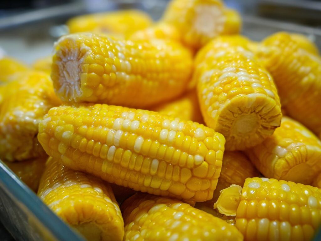 Close-up of fresh, cooked sweet corn on the cob, perfect for making Sweet Corn Chowder.