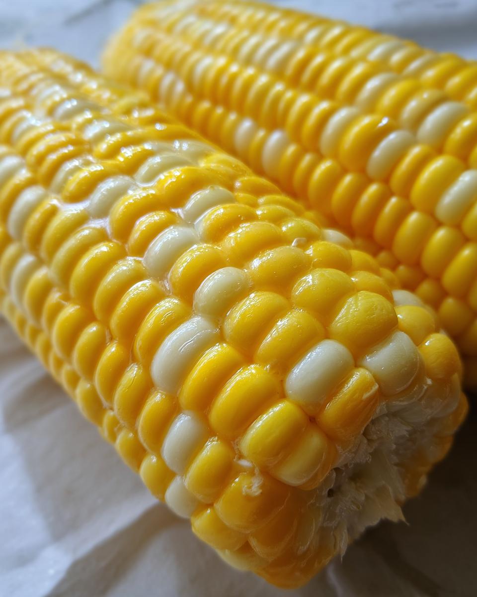 Close-up of two ears of fresh sweet corn, ingredients for Sweet Corn Chowder.