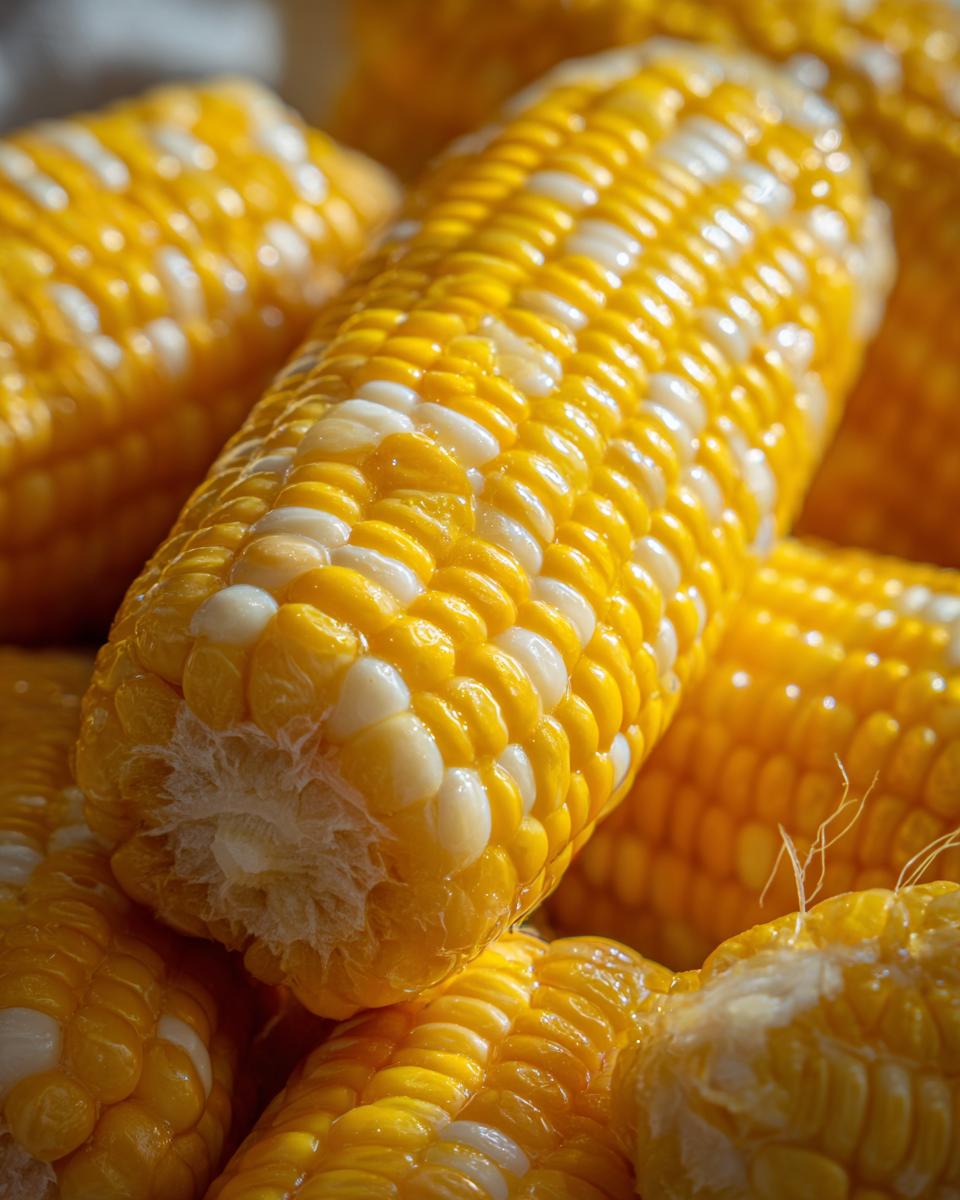 Close-up of fresh, juicy sweet corn cobs, perfect for making delicious Sweet Corn Chowder.