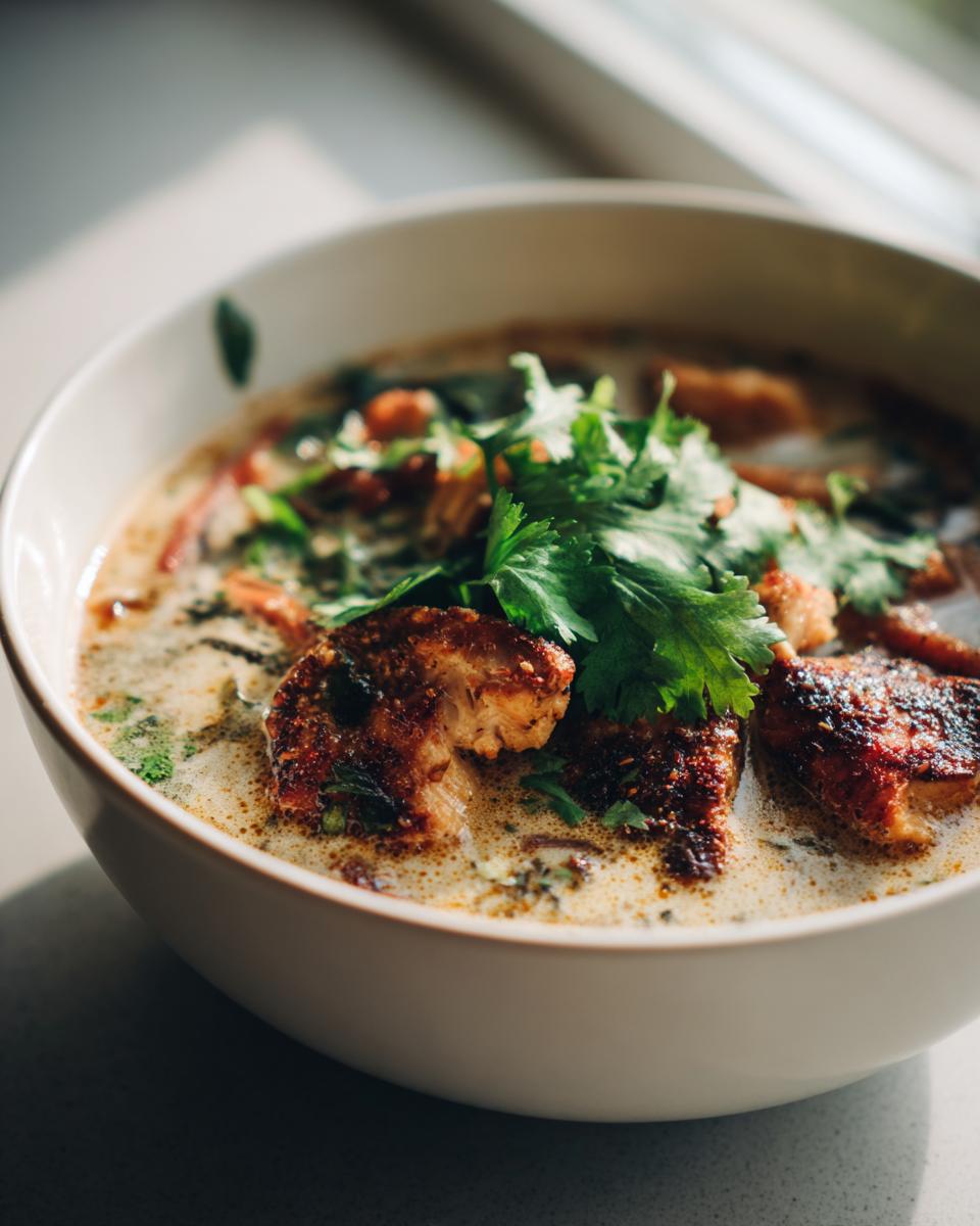 Close-up of a bowl of Thai-Inspired Coconut Chicken Soup garnished with fresh cilantro.