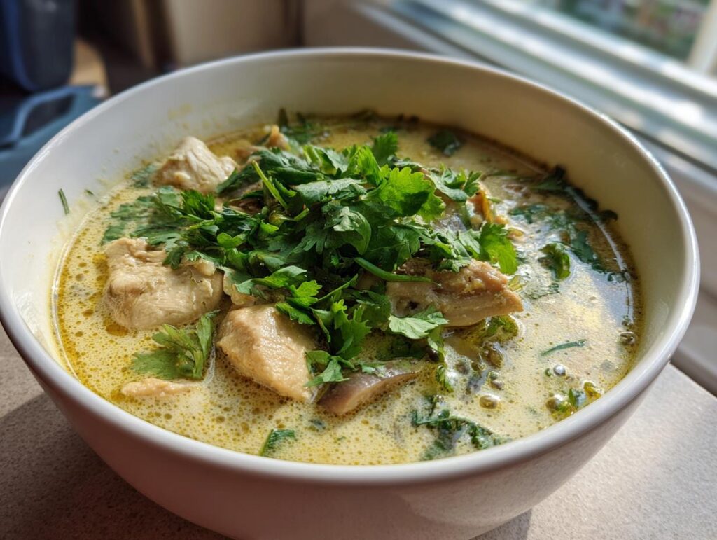A bowl of Thai-Inspired Coconut Chicken Soup, garnished with fresh cilantro.