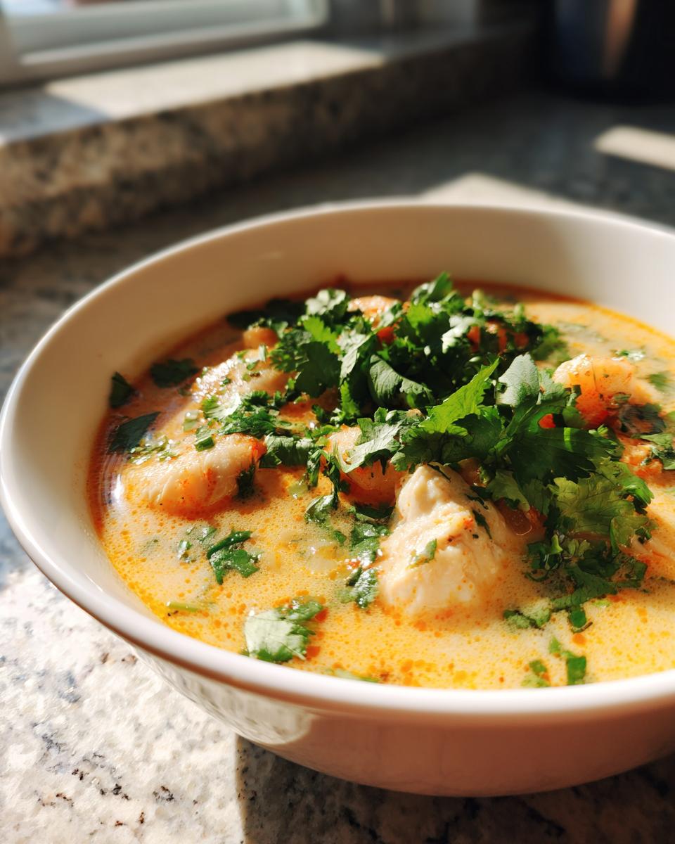 Close-up of a bowl of Thai-Inspired Coconut Chicken Soup, garnished with fresh cilantro.