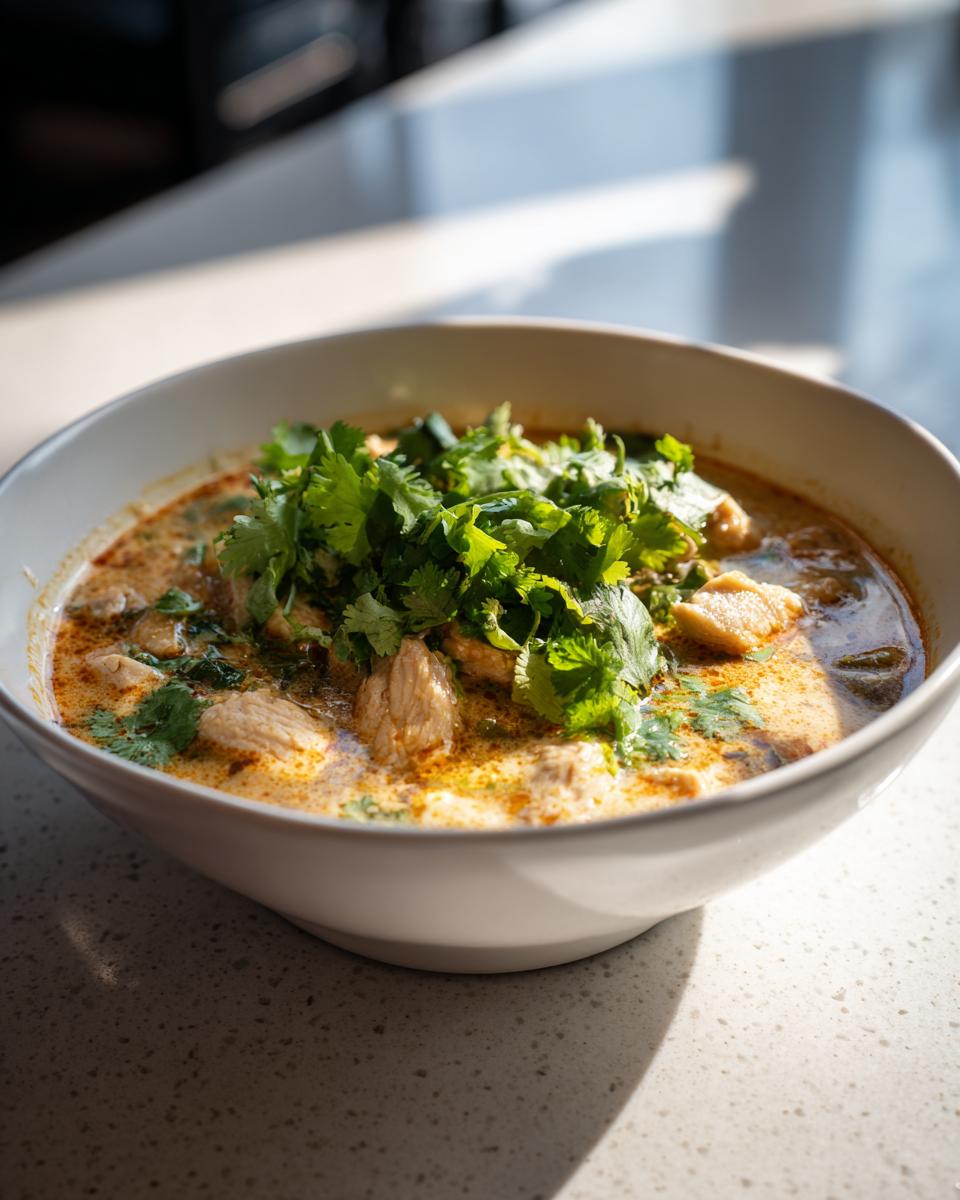 A bowl of creamy Thai-Inspired Coconut Chicken Soup garnished with fresh cilantro.