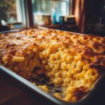 Close-up of a baked Thanksgiving Mac and Cheese in a baking dish, showing a golden crust.