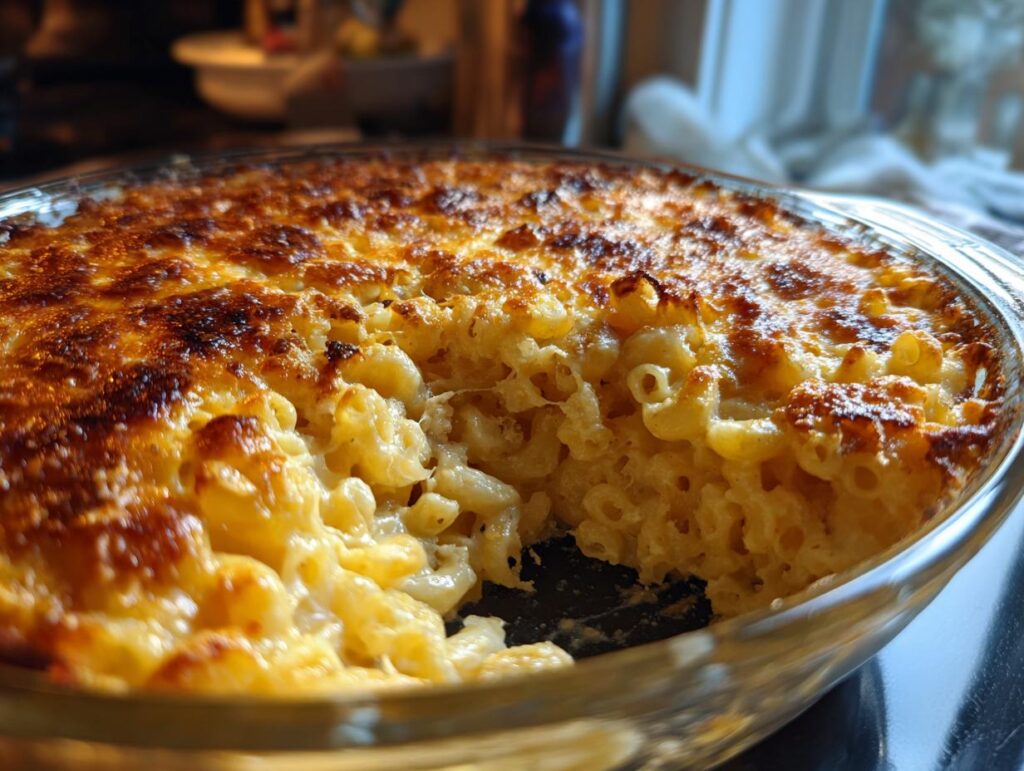 Close-up of a baked Thanksgiving Mac and Cheese in a glass dish, with a golden, bubbly cheese crust.