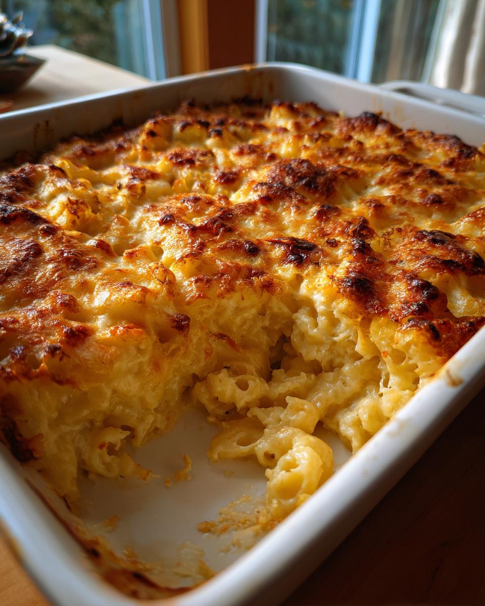 Close-up of a baked Thanksgiving mac and cheese in a white baking dish, golden and bubbly.