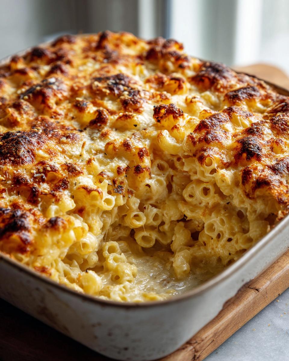 Close-up of a baking dish filled with golden-brown Thanksgiving Mac and Cheese, bubbly and delicious.