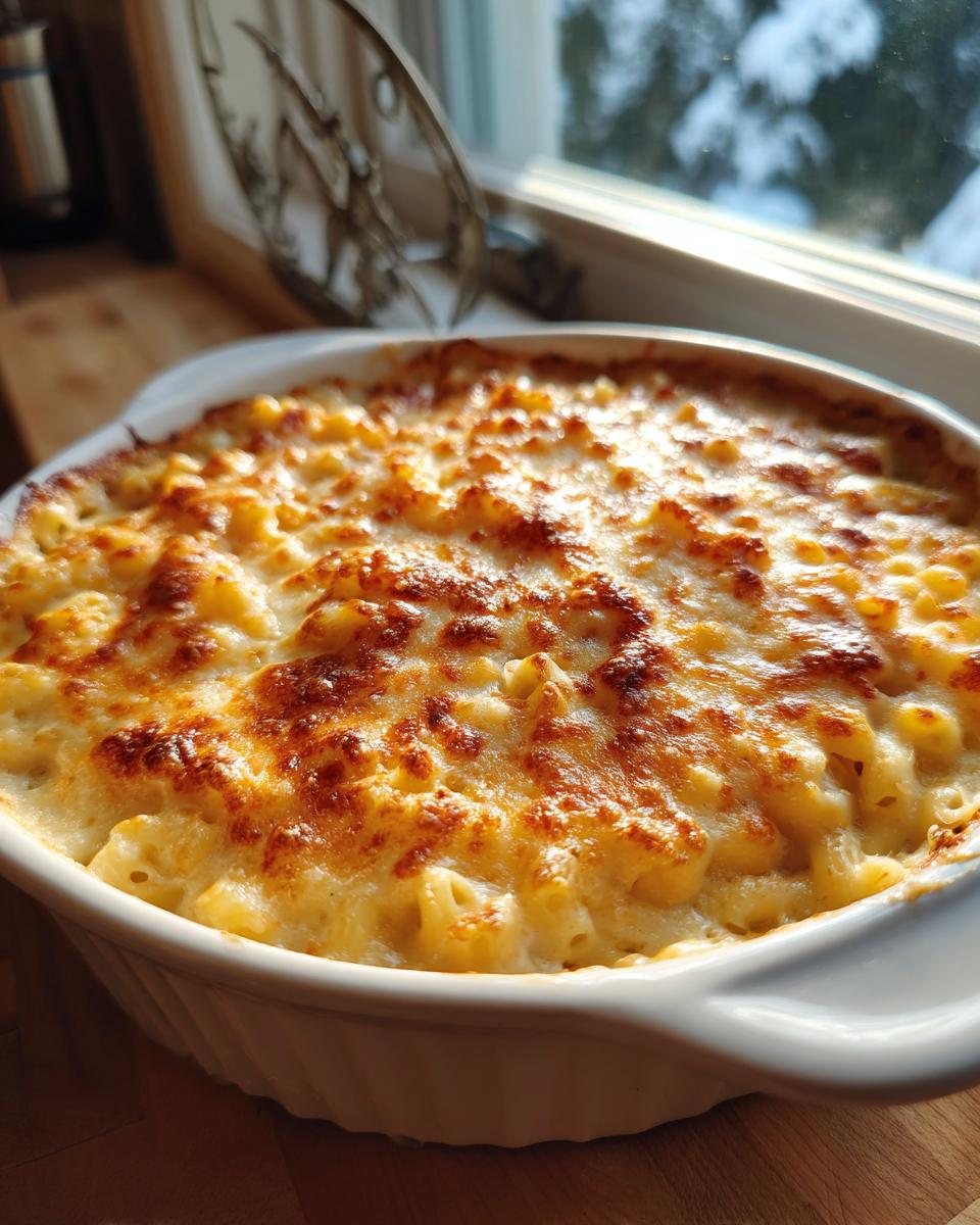 Close-up of a baked Thanksgiving Mac and Cheese in a white baking dish, golden and bubbly.