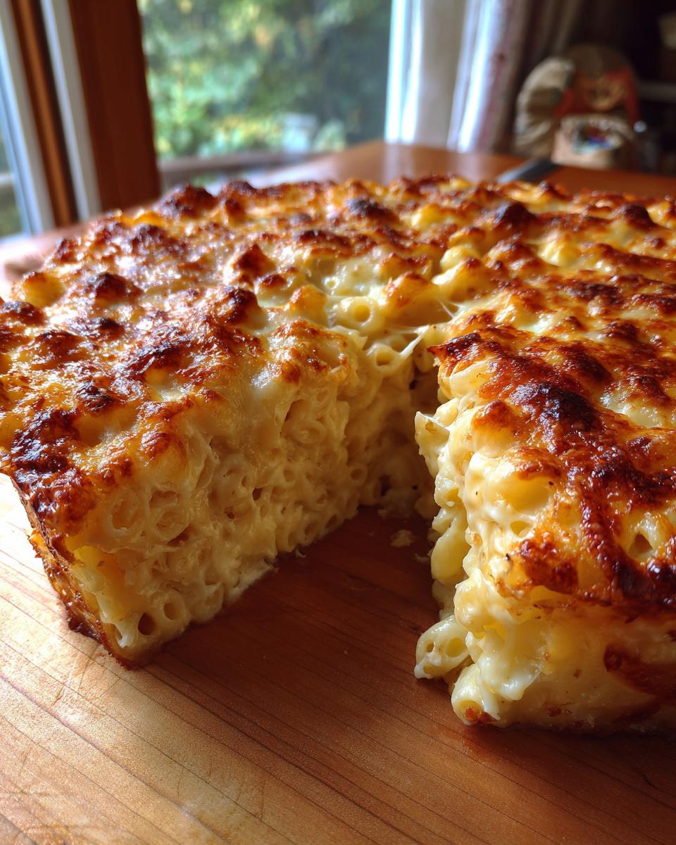 Close-up of a baked Thanksgiving Mac and Cheese with a slice taken out, showing cheesy goodness.