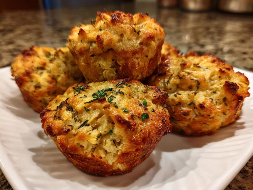 Close-up of golden-brown Thanksgiving Stuffing Muffins, sprinkled with fresh herbs, on a white plate.