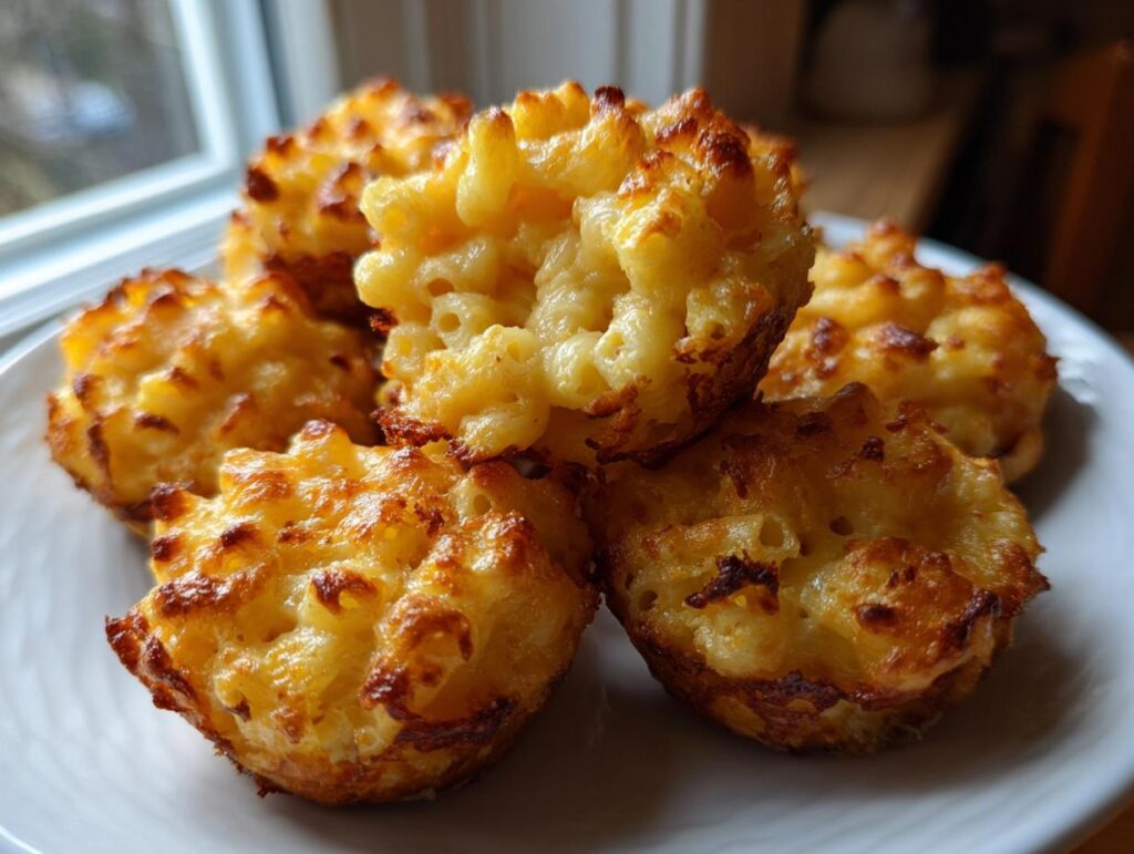 Golden brown Truffle Mac and Cheese Bites piled on a white plate, perfect for parties.