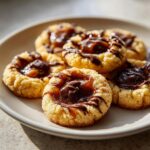 Close-up of several Turtle Thumbprint Cookies on a plate, drizzled with caramel and chocolate.