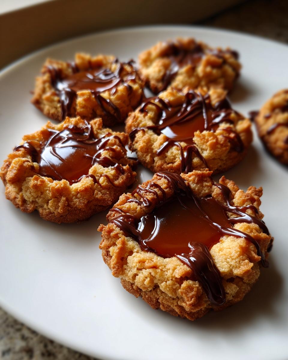 Close-up of delicious Turtle Thumbprint Cookies filled with caramel and drizzled with chocolate.