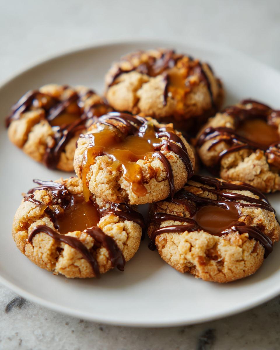 A pile of Turtle Thumbprint Cookies drizzled with chocolate and filled with gooey caramel.
