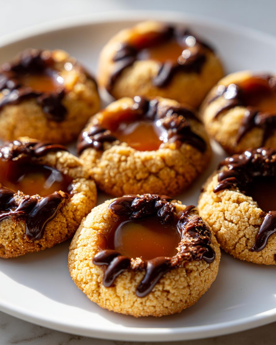 Close-up of Turtle Thumbprint Cookies filled with caramel and drizzled with chocolate.