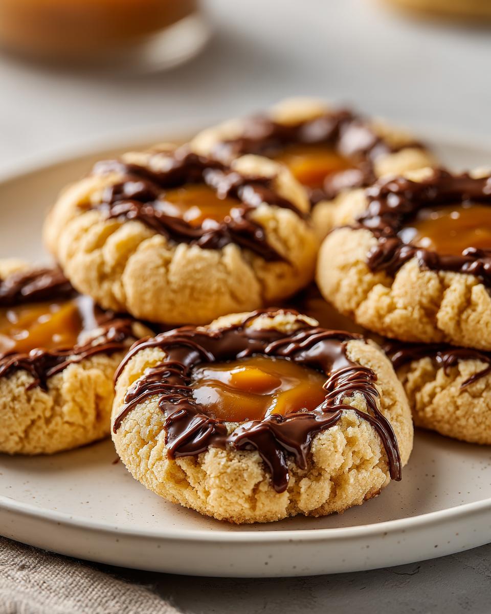 Close-up of Turtle Thumbprint Cookies filled with caramel and drizzled with chocolate.