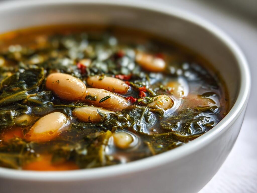 Close-up of a bowl of Tuscan White Bean & Kale Soup, showing beans, kale, and broth.