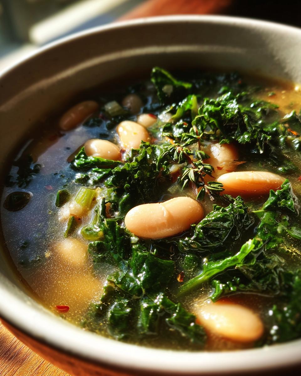 Close-up of a bowl of Tuscan White Bean & Kale Soup with beans, kale, and broth.