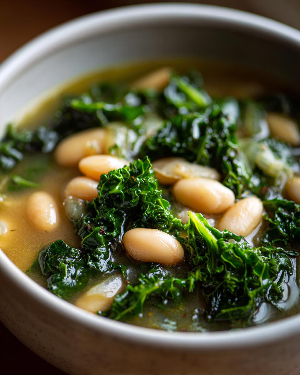Close-up of a bowl of Tuscan White Bean & Kale Soup with white beans and kale.