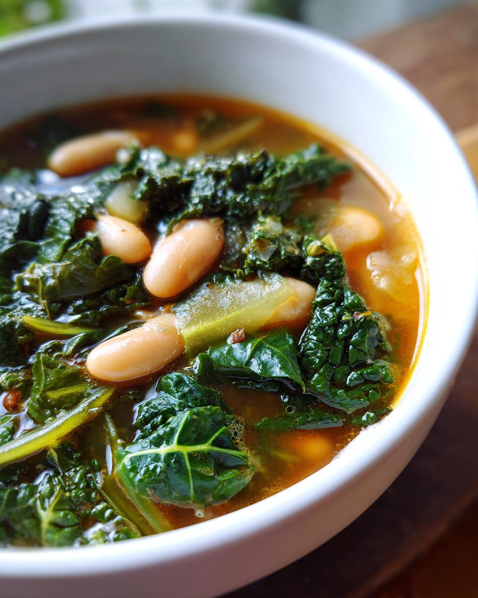 Close-up of a bowl of Tuscan White Bean & Kale Soup, featuring beans, kale, and broth.